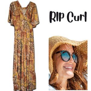 RIP CURL Gold & Rust Paisley Floral Summer Maxi Dress Women's L